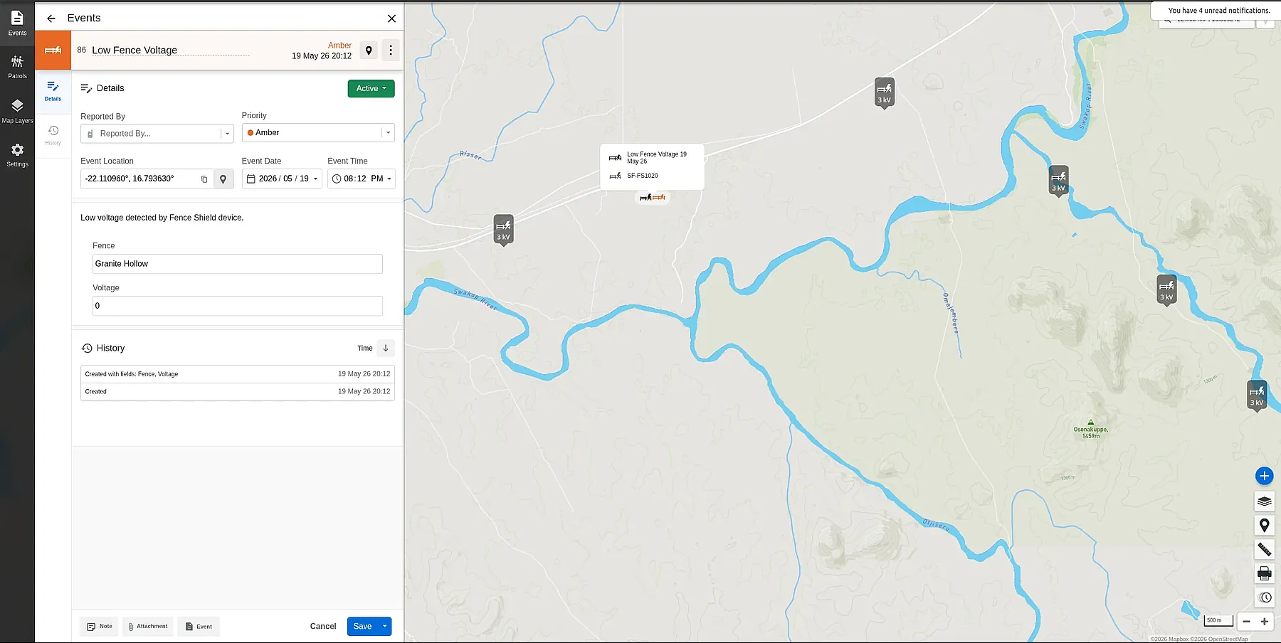 EarthRanger dashboard showing a fence voltage event on a map