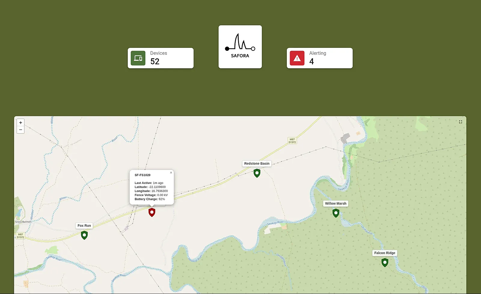 Safora dashboard showing device count and live map with fence sensor status