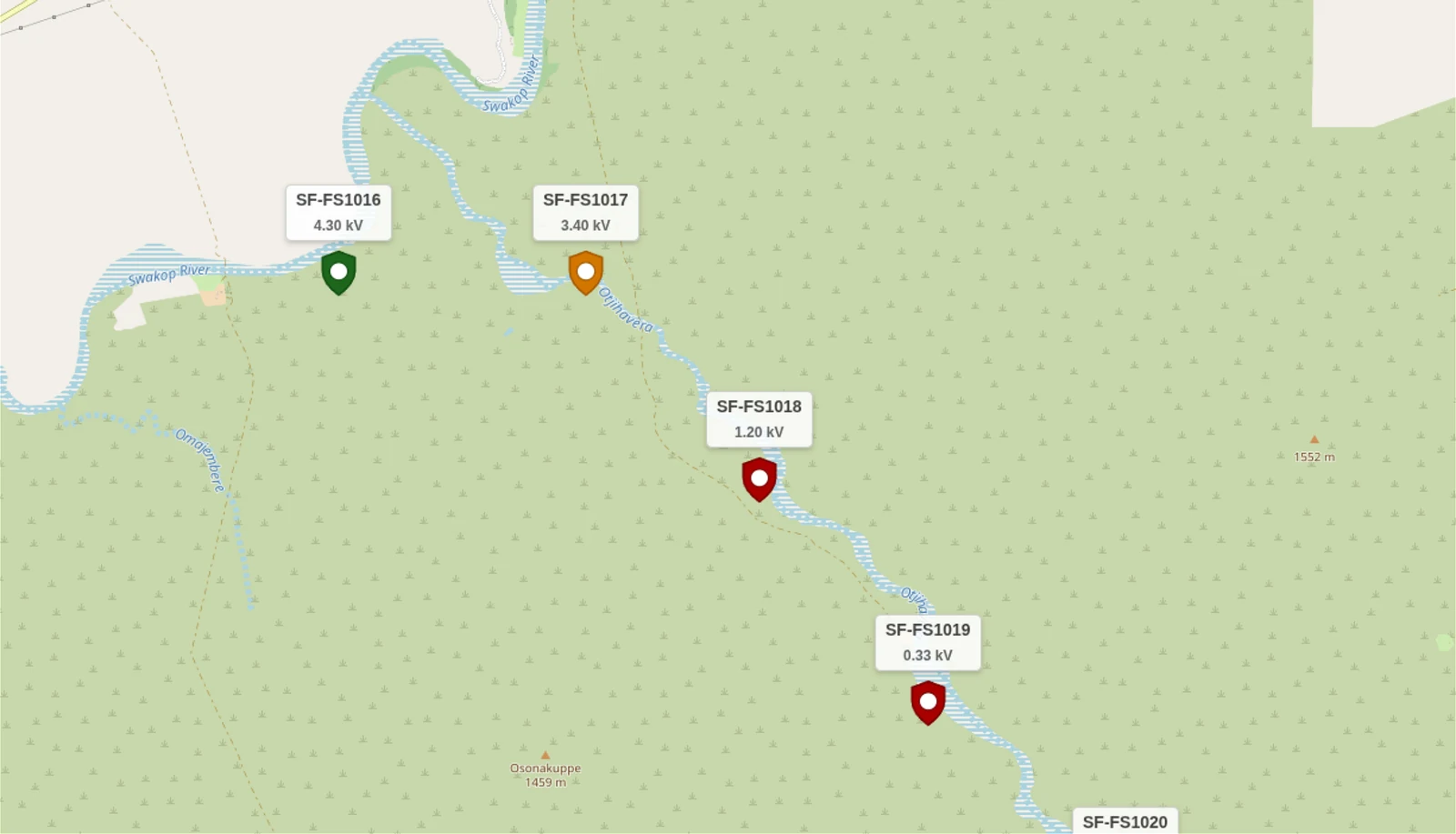 Safora fence monitoring dashboard map showing electric fence voltage readings from Fence Shield sensors
