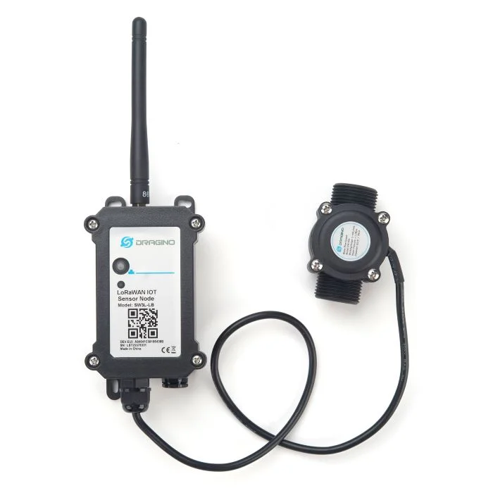 Dragino SW3L-LB LoRaWAN flow sensor with inline flow head on a cable