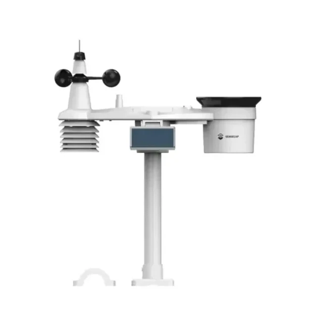 SenseCAP all-in-one LoRaWAN weather station with anemometer, rain gauge, and solar panel