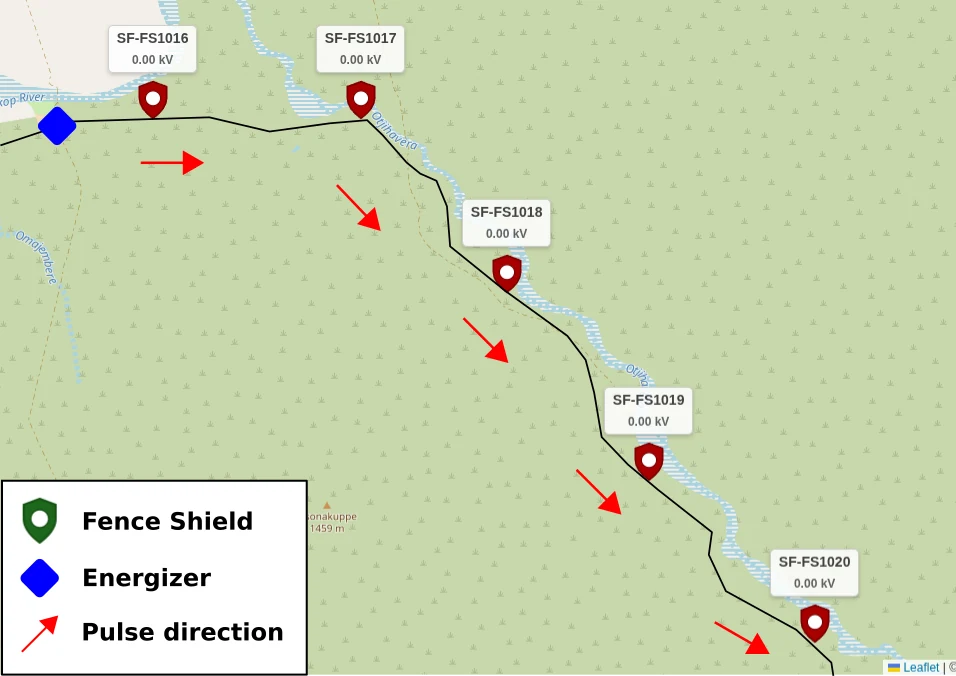 Fence monitoring map showing every Fence Shield reading at 0.00kV after energizer power loss